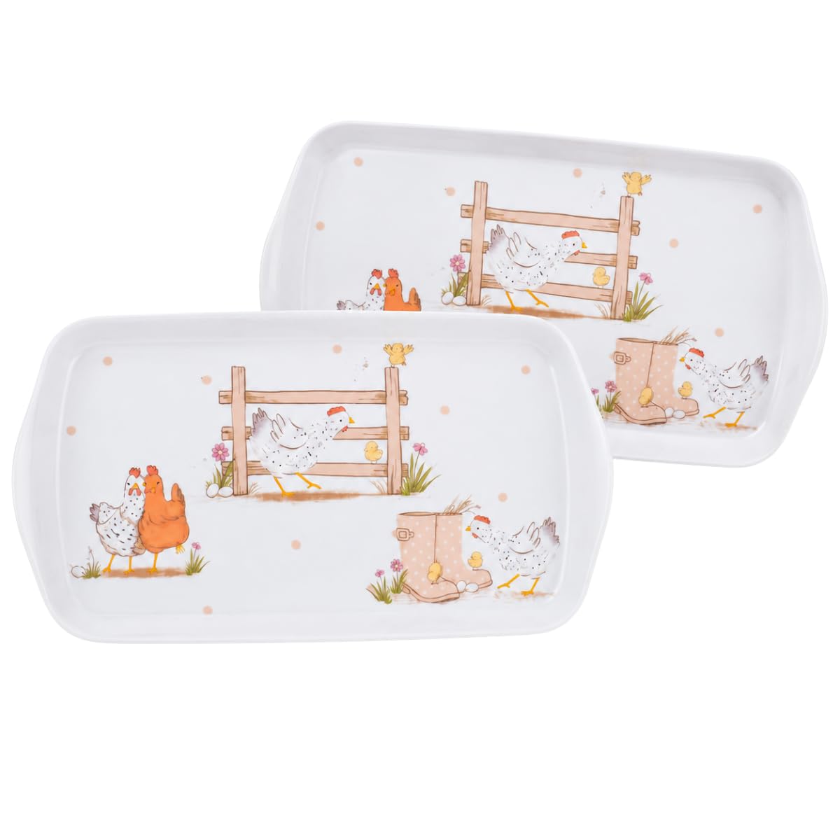 2 Dotty Hen Serving Tray 26x14cm Farmhouse Kitchen Tea Coffee Snack Trays