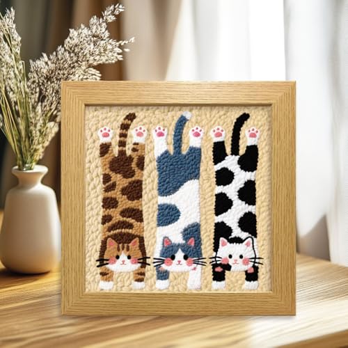 Image of BEUNITONE Lie Flat Cat Punch Needle Kit for Adults Beginners, Complete DIY Craft Needlepoint Kits with Hoop, Punch Needle Starter Craft Embroidery Set for Festival Gift and Cloth Home Decor 9.4X9.4 inch