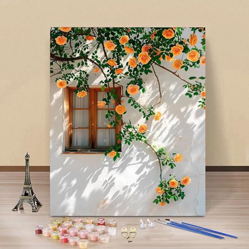 Tableau fenêtre fleur orange 60x90cm poster mural moderne sans cadre pour salon