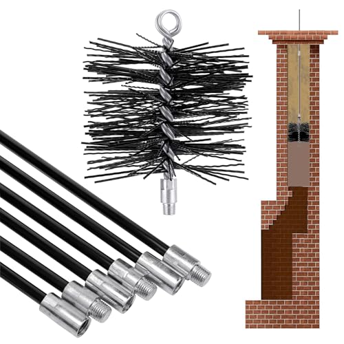 18FT Total Fiberglass Chimney Cleaning Kit - 3FT × 6Pcs Fiberglass Chimney Rod and 6 Inch Brush, with Standard 1/4