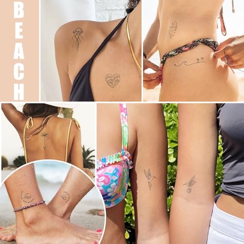 BETESSIN 3 Bögen Temporäre Tattoos 2 Wochen - Fake Tattoos mit 80+ Meer, Welle, Strand Motiven - Klebetattoos Erwachsene - Wasserfeste Tattoo zum Aufkleben für Sommerparty, Strandparty uvm.