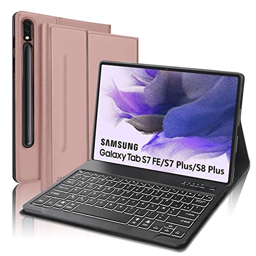 JADEMALL Coque Clavier pour Samsung Tab S7 FE/ S7+ Plus/S8+ Plus 12.4', AZERTY Clavier Détachable Bluetooth avec 7 Couleurs Rétroéclairé pour Samsung Galaxy Tab S7+ Plus/S8+ Plus, Or Rose