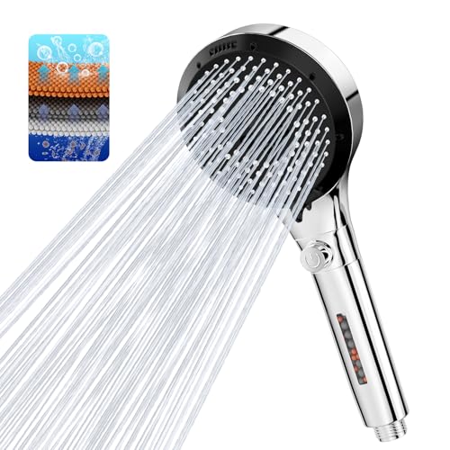 Vinabo Pommeau de Douche Haute Pression, Pommeau Douche Anti Calcaire Avec 6 Types De Jets, Pommeau De Douche Economie Deau Avec Bouton D'ArrêT D'Eau - Argent