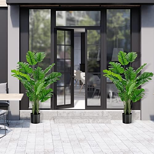 COSTWAY 120cm/152cm Artificial Monstera Plants, 10/15 Different Leaves Faux Monstera Deliciosa Tree with Cement Pot, Fake Swiss Cheese Plant for Indoor Home Decoration (152cm, 1 Pack, Green)