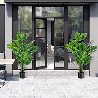 TANGZON Artificial Monstera Deliciosa Plant, Evergreen Fake Swiss Cheese Plant in Pot with Cement and Moss, Indoor Outdoor Faux Potted Tree for Home Office Decoration (15 Leaves, 152CM/5FT, 1 Pack)