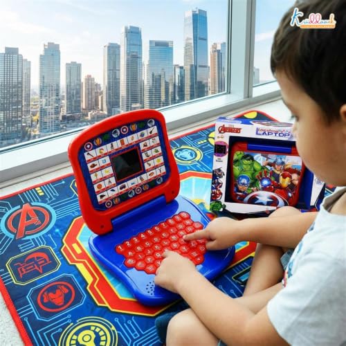 Image of Marvel Avengers Theme Educational Laptop for Kids - Interactive Pre-School Learning Toy with Screen, Music,Alphabet & Number Keys-Fun Educational Gift for Boys & Girls 3+ Years (Red & Blue)