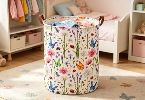 Image of ESSME Laundry Basket,Flower Hamper Collapsible Canvas Waterproof Storage Bin for Form, Nursery Hamper,Gift Baskets(Flower cluster)