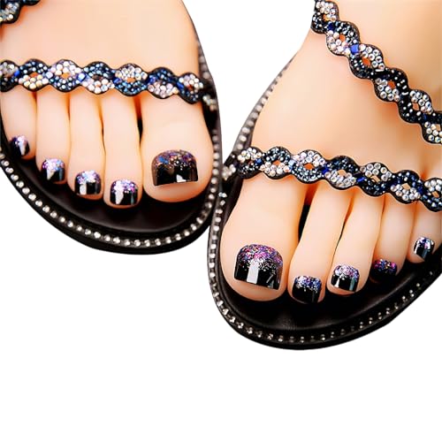 Press On Toenails Square Toe Nails Kit Sparkly False Toe Nails for Women and Girls Fake Toenails Full Cover Glitter Decorated Short False Toenails with Glue Nail Tips 24Pcs
