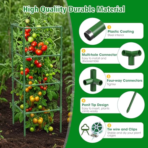 3 Pack Heavy Duty Metal Tomato Cage supports with Clips for Raised Garden Bed