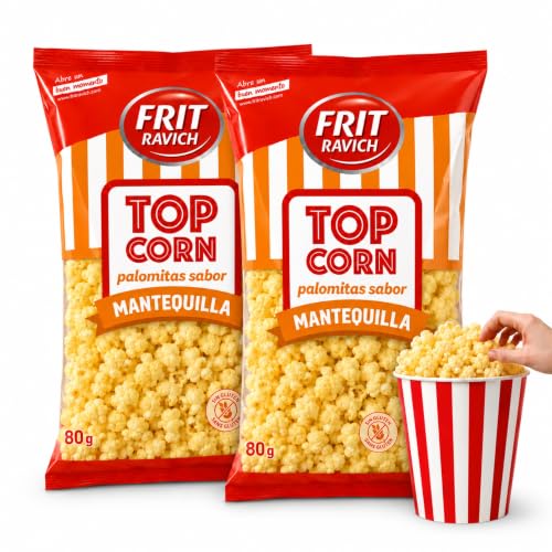 Palomitas Mantequilla Frit Ravich, Palomitas de maíz, horneadas con intenso sabor a mantequilla, Sémola de maíz, aceite vegetal, aroma mantequilla, Pack 2 unidades de 80 gr
