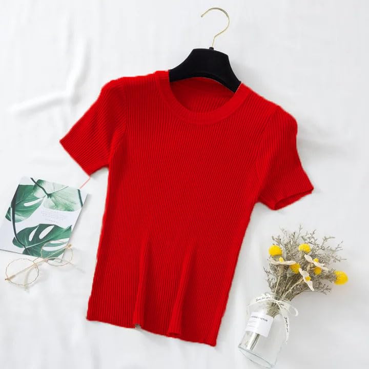 Image of Istyle Can Women Ribbed Slim Fit Top | Stretch Cotton Knit Crew Neck T-Shirt | Solid Casual Short Sleeve Tee for Office, Layering