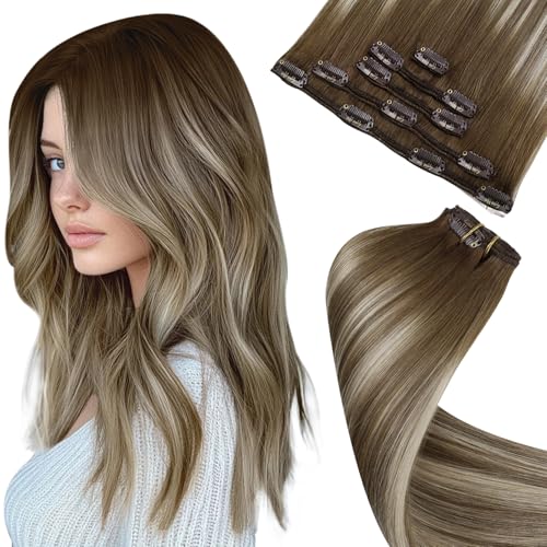 Image of LaaVoo Clip in Hair Extensions Real Human Hair, Ombre, 5pcs 18inch | Dark Brown to Light Brown with Light Blonde Hair, Natural, Double Weft, Silky Straight, 80g