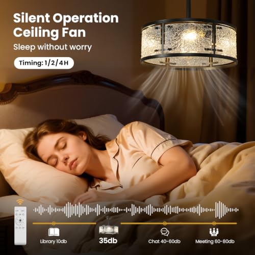 AIJIASI 20" Caged Ceiling Fans with Lights, Black Fandelier Ceiling Fan with Light Remote Control, Low Profile Mid Century Chandelier Ceiling Fan with 6 Speeds for Bedroom, Nursery, Living Room by AIJIASI - Used condition - Image 3