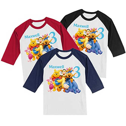 Personalized Winnie Bear Birthday Shirt | Handmade Decorated Shirt | Personalized with Name and Age | Unisex 3/4 Sleeve Raglan T-Shirt4