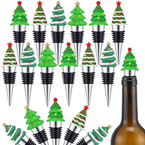 Cinnvoice 12 tappi per bottiglie di vino in resina a forma di albero di Natale, riutilizzabili, in lega di zinco, divertenti tappi per vino, bomboniere per feste di Natale, sigillanti per bevande,