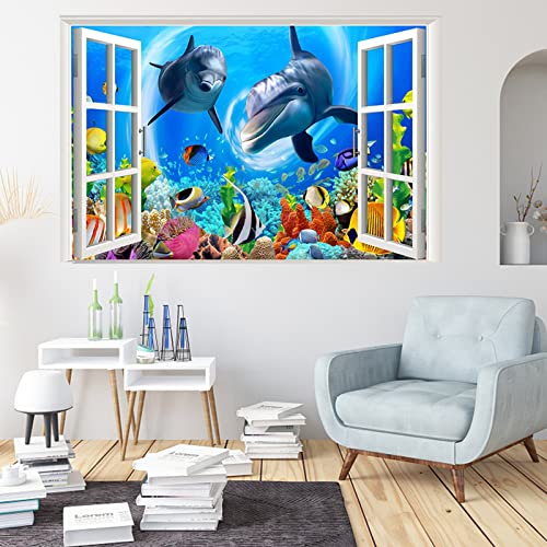 Wall Decals 3D Ocean World Fake Windows Wall Sticker Vinyl Self-Adhesive Art For Kids Baby Bedroom Bathroom Living Room Study Wall Decoration Gift Supplies(22.4"X35.4") #TOP1
