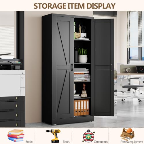 Image of Black Metal Storage Cabinet, 71 inch Kitchen Pantry Cabinets for Office