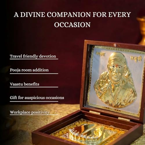 Image of Lord Gold Plated Shirdi Sai Baba Pocket Temple for Pooja Room | Gold Plated Sai Ram Photo Frame with & Charan Paduka | Gift for Family & Friends & Home Decor (Medium) 4 Inch - Pack of 1