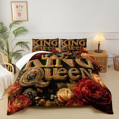 Image of King and Queen Comforter Set Black and Gold,King and Queen Bedding Set,Red Floral Quilt Set King Size,with 1 Comforter with 2 Pillow Case