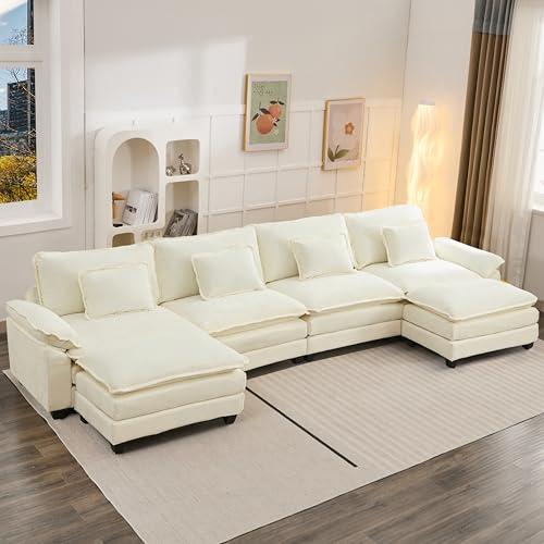 Image of Oprisen 154 inch Modular Sectional Sofa, Comfy Cloud Couch Sectional Sofa with Ottoman, Chenille Sofa Sleeper Deep Seat Sofa with Throw Pillows for Living Room (Beige White, 154 inch- U Shape)