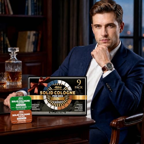 Image of 9 Pack Solid Cologne Gifts for Men, Mens Cologne Gift with Cedar Wood, Clary Sage, Vetiver, Sandalwood, Bergamot, Ocean Bourbon Oak, Bay Rum, Spiced Vanilla Perfume, Gifts for Men Who Have Everything