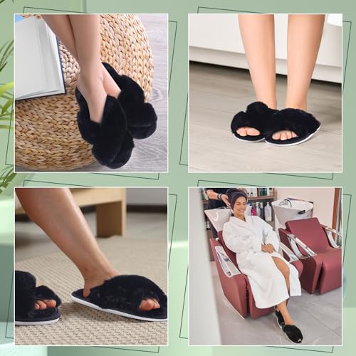 Image of 12 Pairs Women's Fuzzy Slippers Cross Band Open Toe Bridesmaid Fluffy Comfy House Slippers for Indoor Outdoor Wedding