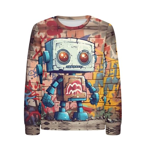JooMeryer Teens Boys Girls Funny 3D Cartoon Robot Print Long Sleeve Crew Neck Sweatshirts