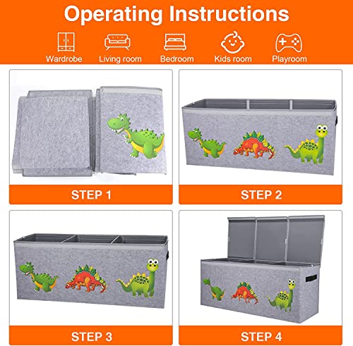 Askiz Toy Chest Box For Kids Extra Large,Collapsible Dinosaur Sturdy Storage Bins With Lids,Toy Box Storage Organizer Baskets For Boys Girls,Nursery, Playroom,Closet,40.6"×16.5"×14.2" (Grey) #TOP5