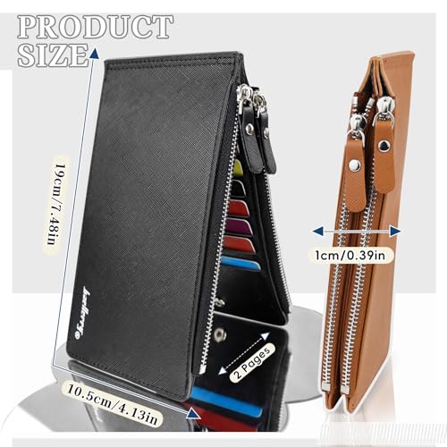 Slim Wallet for Men, Bifold PU Leather Long Wallet 16 Slots Card Holder Wallet with ID Window Double Zip Pocket Credit Card Holder for Woman (Black)2