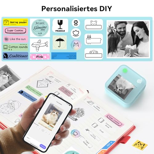 BeatCat Mini Etikettendrucker mit Klebeband – Bluetooth Etikettendrucker für Heim und Büroorganisation, tragbarer Thermo Aufkleberdrucker mit verschiedenen Vorlagen für das Smartphone (Blau)