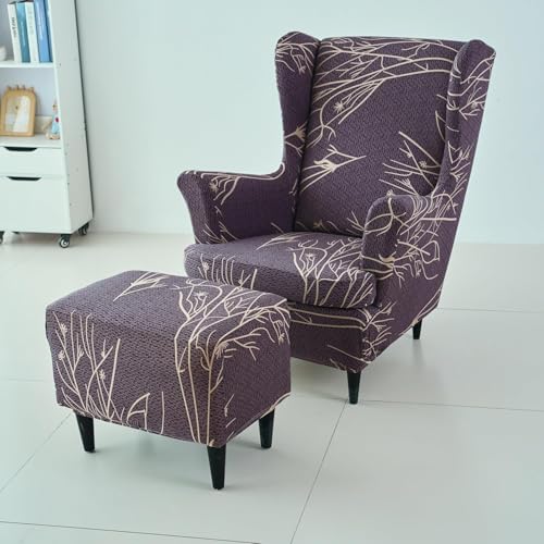 Image of HOKIPO 140 GSM Fully Covered Wingback Chair Cover, Dark Coffee Twigs (NEW-5135-D2)