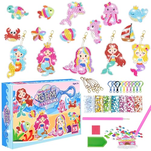 AUNGKWANG Llaveros Pintura Diamantes, 15 pcs Sirena Pintura Diamante Niños, 5D DIY Pintura de...