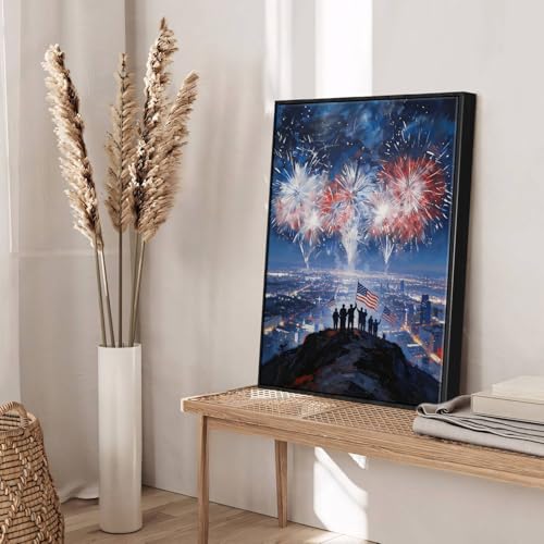 Image of American Flag Framed Canvas Wall Art, 4th of July Red White Blue Canvas Prints, Fireworks City View Patriotic Decorations, Modern Independence Day Wall Decor for Bedroom Living Room Office 16x20