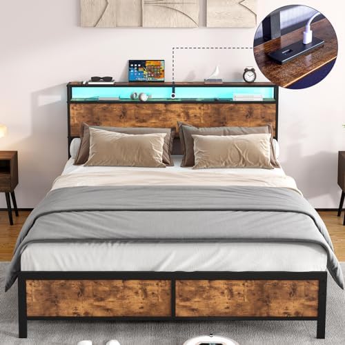 AYJOIR Queen/Full Size Bed Frame with Storage Headboard, Platform Metal