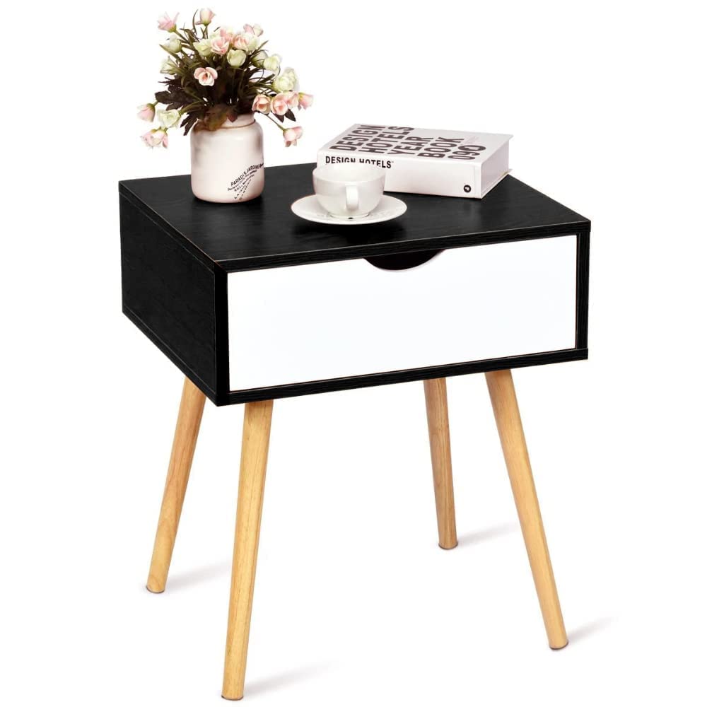 Storage Nightstand Mid-Century Modern Bedside Table with Solid Wood 4 Legs Minimalist and Practical End Side Table- 1 Drawer-Black White-image-33