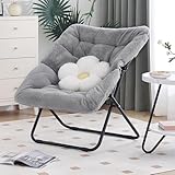 Furlide Comfy Dorm Chair, Soft Faux Fur Saucer Chair, Oversized Folding Chair, Foldable Metal Frame Chair for Bedroom, Living Room, Balcony, Patio, Study, Playroom (Grey)