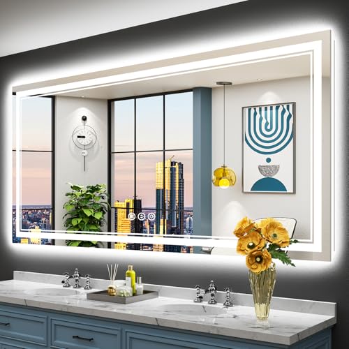 Image of 77x36 LED Bathroom Mirror with Lights, Backlit and Front Lit Anti-Fog Lighted Vanity Mirrors for Bathroom Wall, Dimmable, 3-Color Light, Memory, Shatter-Proof, HD Tempered Glass, CRI>90