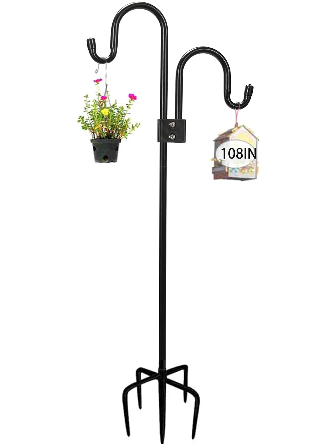 Double Shepherds Hooks For Outdoor 76 Inch, Heavy Duty Metal Bird Feeder Pole Stand With 5 Base Prongs, 28.5 To 108 Inch Adjustable Garden Holder For Hanging Plant, Wind Chimes, Wedding Garden Etc