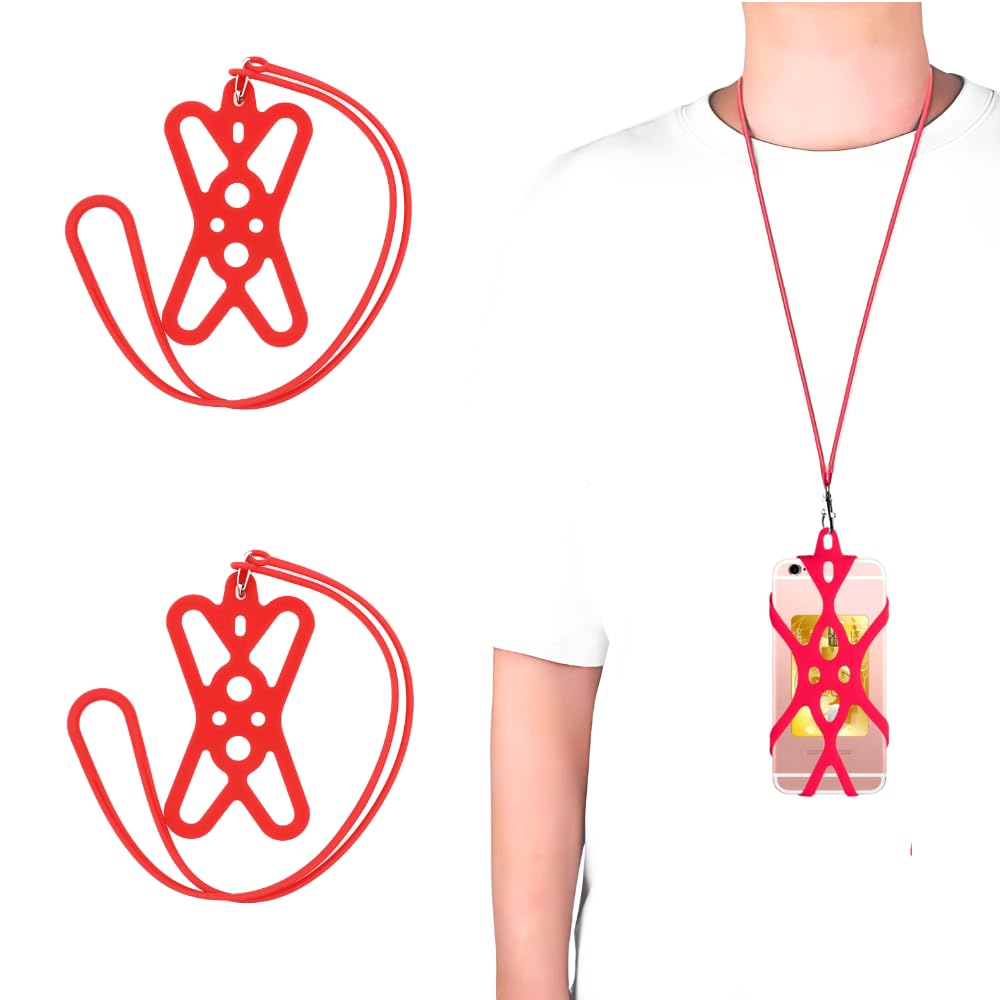 CRYSENDO Neck Strap Stretchable Silicone Phone Lanyard | Universal Cell Phone Lanyard Case for Around the Neck | Fits All Smartphones Cell Phones (Red - 2pcs)-image-18