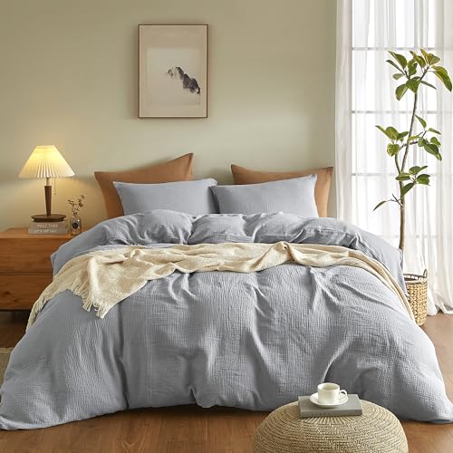 SE SOFTEXLY Muslin Duvet Cover King Size, 100% Washed Cotton Duvet Cover Set, Ultra Soft Comforter Cover Linen Like, 3 Pieces Minimalist Gauze Duvet Cover with 2 Pillowcases, 90"x104", Light Grey