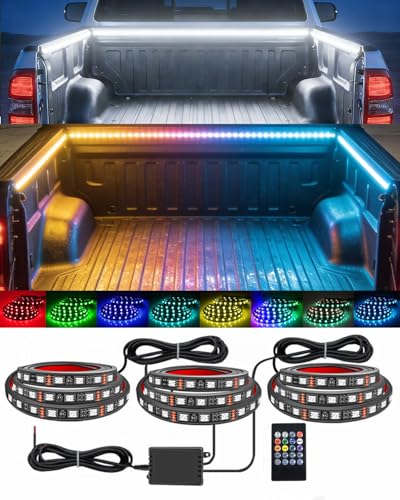 Tmengdao 3PCS RGB Truck Bed Lights Kit - 1.5M 270pcs 5050 RGB LED Strips 12V Remote (8 Colors/8 Brightness) 4 Flashing & 4 Music Sync Modes IP65 Waterproof for Trucks/SUVs/RVs/Camping