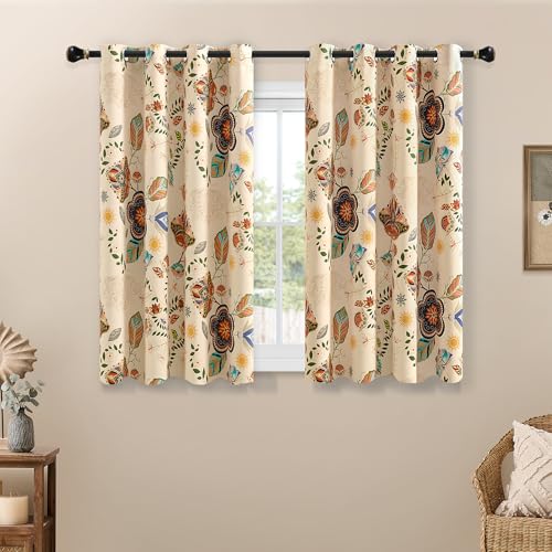 Image of XiDi Patterned Blackout Curtains 2 Panels Beige Floral Curtain 63 Inch Long | Cream Drapes for Living Room Kitchen Bedroom, Vintage Farmhouse Cottage Core Privacy Room Darkening Grommet 52Wx63L
