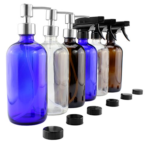16-Ounce Glass Bottles Bundle w/ HD Sprayers & Stainless Steel Pump Tops + Lids Variety Pack of Boston Round Cobalt, Amber, & Clear (6-Pack)