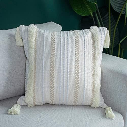 blue page Boho Cushion Cover 50x50CM, Decorative Boho Throw Pillow Cover Beige Pillowcase Woven Tufted Cotton Cushion Case with Tassels for Couch Sofa Bed Living Room Office (Beige and Yellowy)