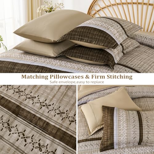 Image of Dintszyayue Brown Comforter Set Queen Size, 8 Pieces Boho Striped Bed in a Bag Soft Microfiber Bedding Set for All Season