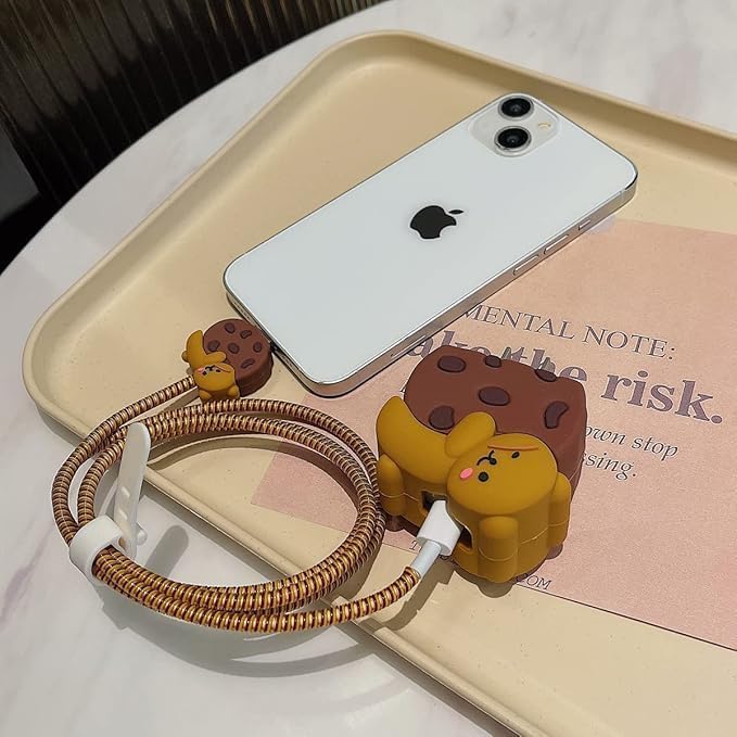 Image of PHONE PALACE 4 in 1 Compatible with Apple iPhone Charger Case Cover | Silicon Charger Case Cover for Apple 18-20W 360 Degree Protection Case with Wire Saver (Brown Biscuit Bear)