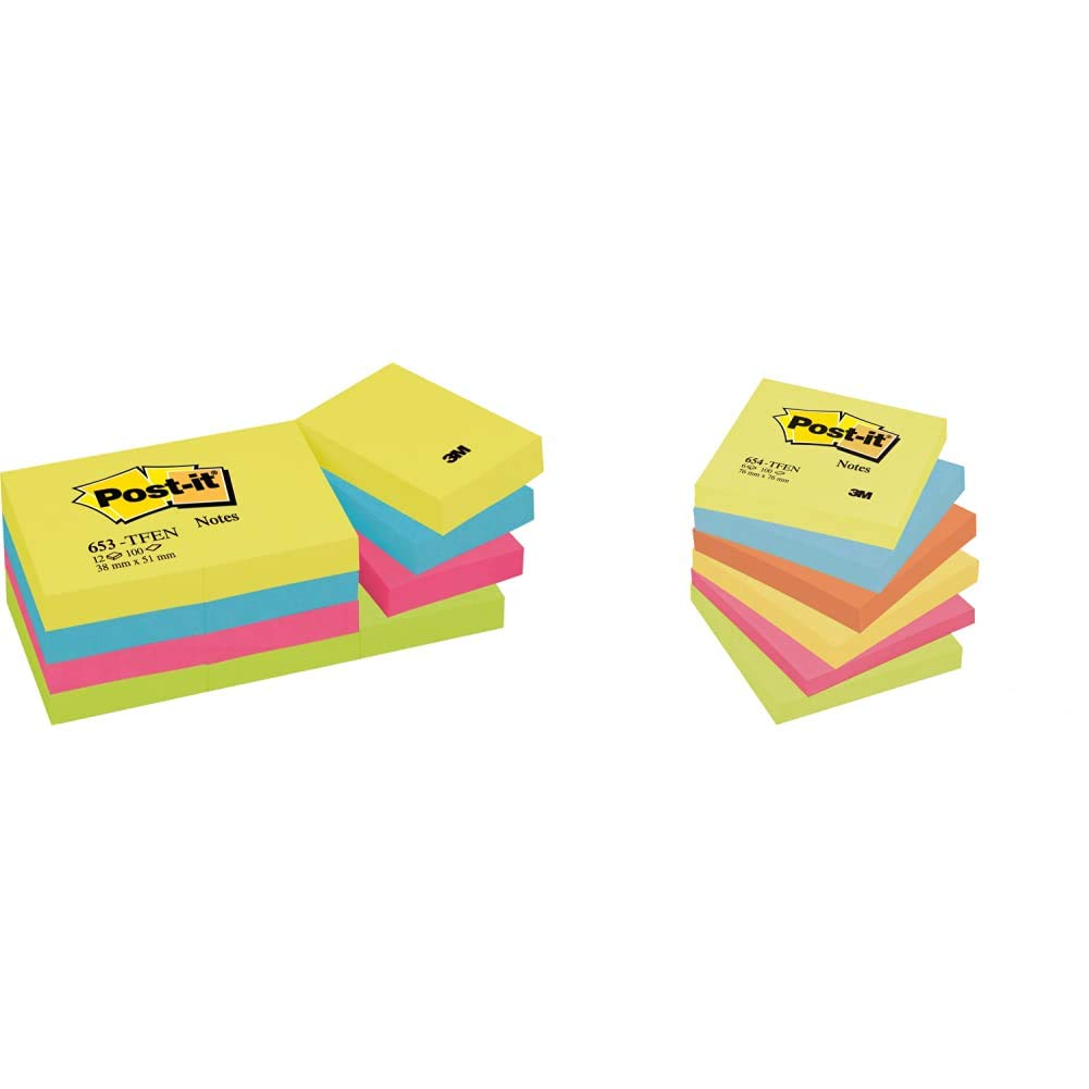 Post-it3M87121 Notes, 38 x 51 mm - Energetic Colours, 12 Pads (100 Sheets Per Pad) & 3M 654-TFEN 76 x 76 mm Notes, Energetic Colours, 6 Pads (100 Sheets Per Pad)