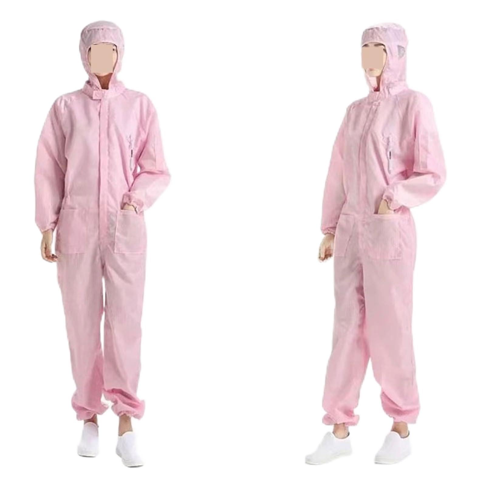 Kombinezony ochronne unisex Czyste ubrania Kaptur Pyłoszczelne antystatyczne Odzież do pomieszczeń czystych Malowanie Praca Kombinezon(Pink with Pockets,L)