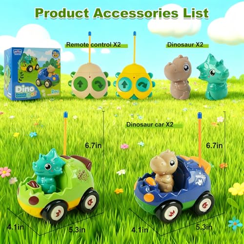 Image of 2-Pack RC Dinosaur Cars for Kids - Remote Control Dinosaur Toy Cars with Music and Lights, Birthday Gift Toy for Boys Ages 2 3 4 5 Year Old and Toddlers 18+ Months