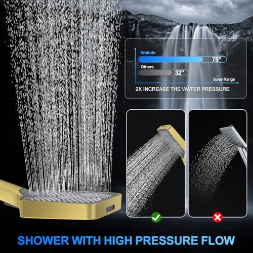 Image of Woindo Shower Faucet Set, 12 inch Wall Mount Rainfall Shower System with 2 Rain Shower Head and Multi-function Handheld Head Push Button Diverter Shower Faucet Trim Kit